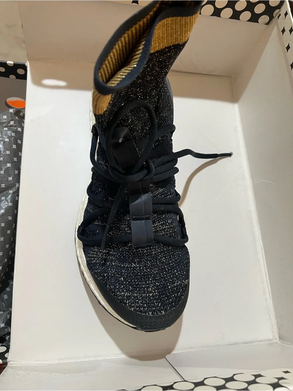 Adidas by Stella McCartney Black Knit High-Top Sneaker with Gold Ankle Stripe